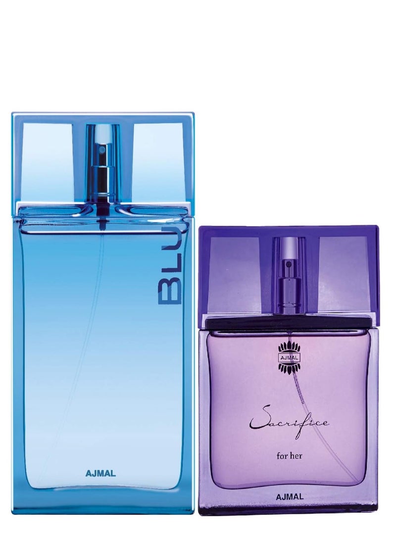 هدايا العطور اجمل عطر بلو او دي بارفان اكواتيك وودي 90 مل للرجال وساكريفايس فور هير او دي بارفان برائحة الزهور والمسك 50 مل للنساء - Image 1