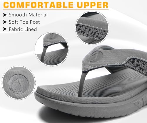 ONCAI Flip Flops for Men, Comfort Orthotic Plantar Fasciitis Beach Sport Athletic Soft Thong Sandals with Yoga Foam Arch Support Grey Size 10 - Image 4