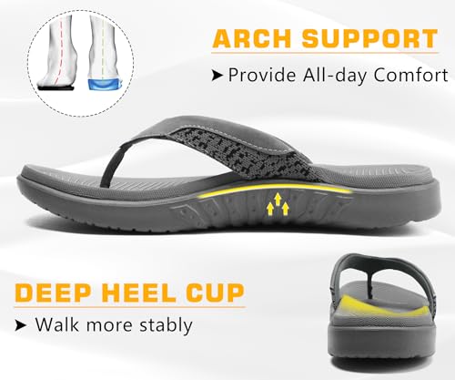 ONCAI Flip Flops for Men, Comfort Orthotic Plantar Fasciitis Beach Sport Athletic Soft Thong Sandals with Yoga Foam Arch Support Grey Size 10 - Image 3