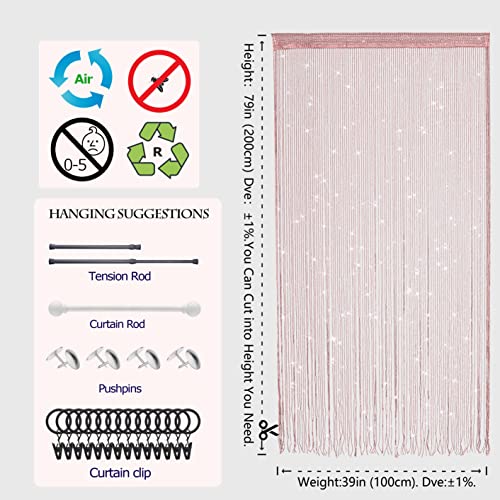 Transcosy 2 PcsString Curtains for Doorways Glitter Beaded Curtains Door Sparkle Beads Curtain Open Closet Laundry Hanging Hippie Glisten Beads Window Girls Panel (Light Pink, 39"×79" in) - Image 4