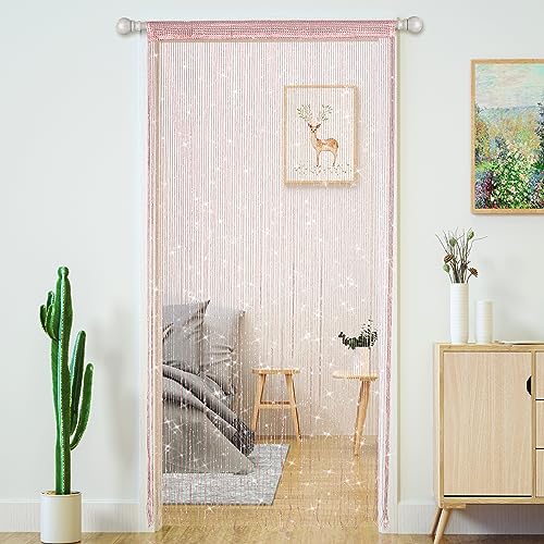 Transcosy 2 PcsString Curtains for Doorways Glitter Beaded Curtains Door Sparkle Beads Curtain Open Closet Laundry Hanging Hippie Glisten Beads Window Girls Panel (Light Pink, 39"×79" in) - Image 1