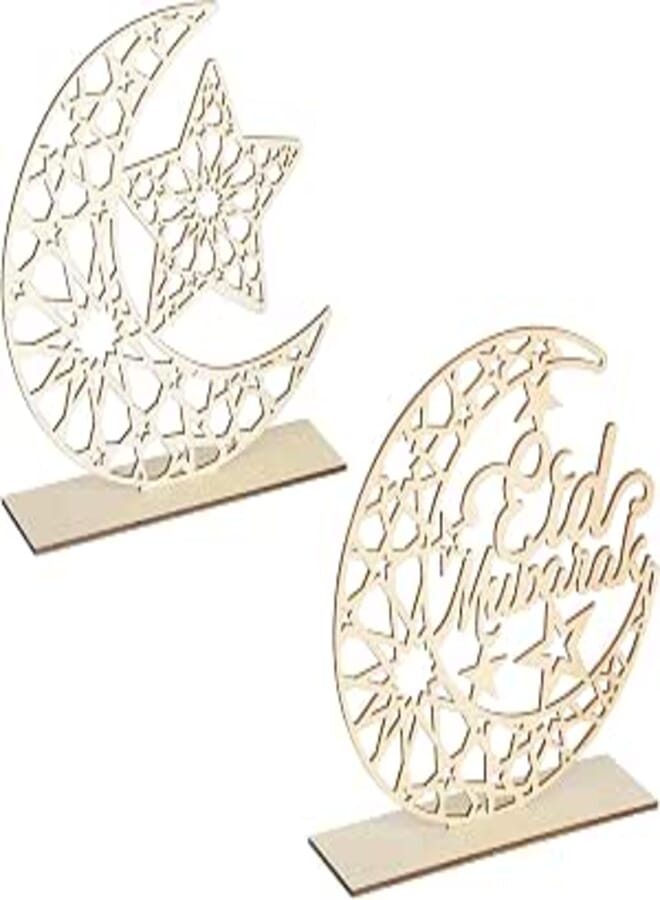 2 Pieces Wood Eid Mubarak Decorations Ramadan Kareem Table Sign Moon Hollow Star Ornament for Muslim Islamic Party Tabletop Decor Home Art Craft Decoration White Moon