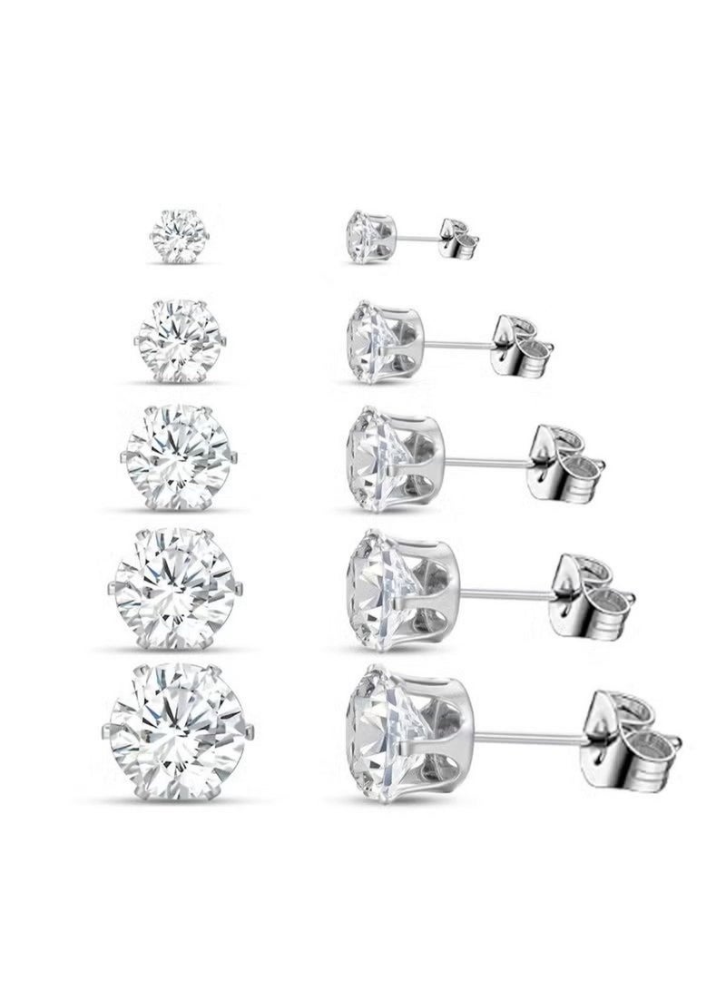 Huitich 5-Pair Silver Color-Plated Cubic Zirconia Stud Earrings Set – Multiple Sizes - Image 1