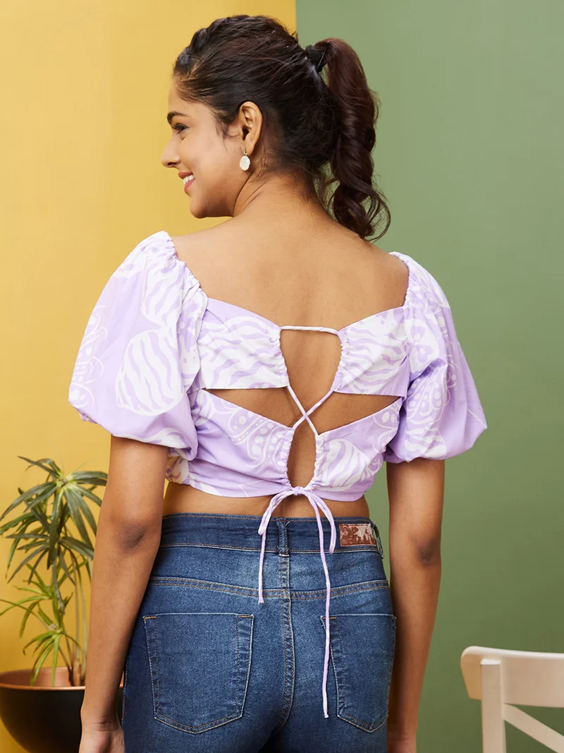 globus Women Lavender Floral Printed Square Neck Puff Sleeve Cut Out Pure Cotton Crop Top