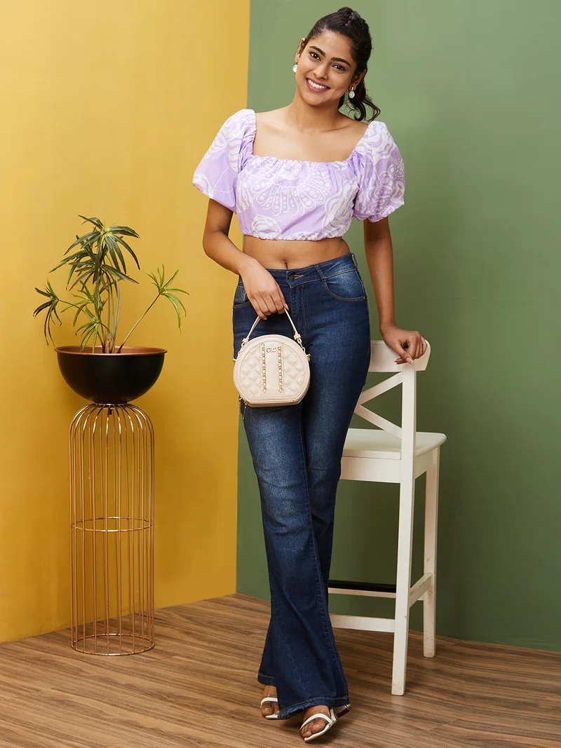 globus Women Lavender Floral Printed Square Neck Puff Sleeve Cut Out Pure Cotton Crop Top