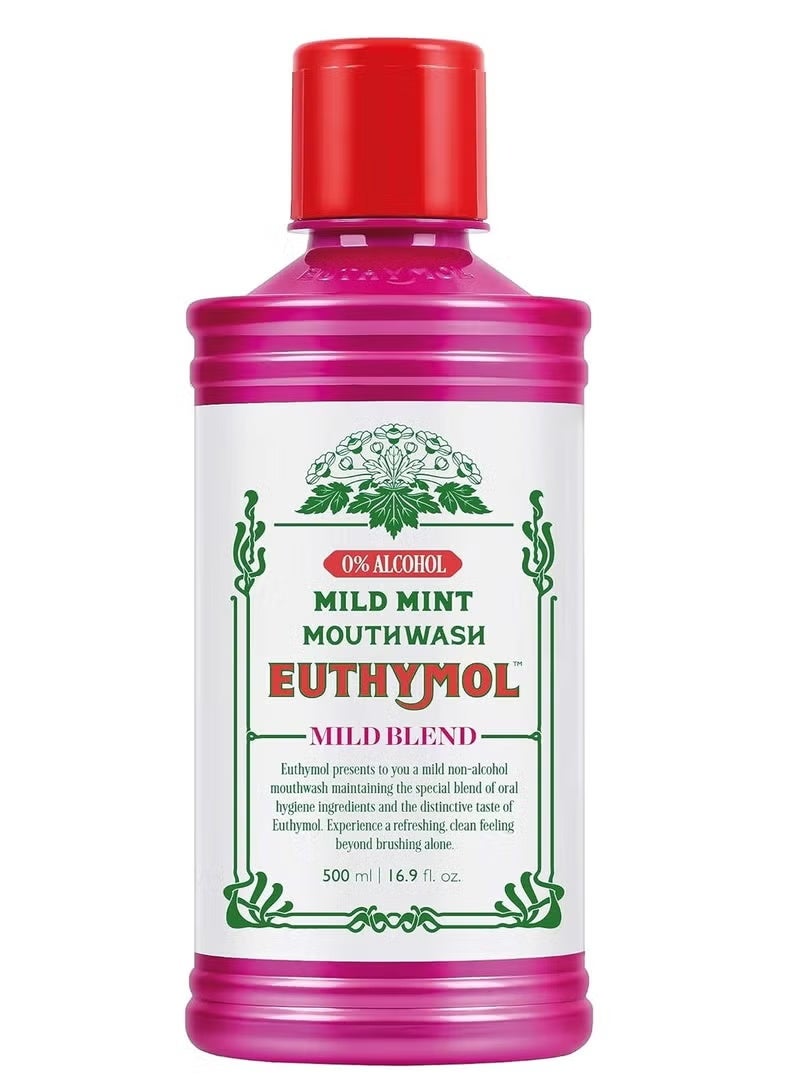 Euthymol Mouthwash Mild Mint 500ml, Contains Fluoride Alcohol-Free, Distinctive Strong Taste Flavour, Reduce Plaque Gingival Clean Healthy Teeth Gums, Freshens Breath Refreshing Daily Oral Dental Care
