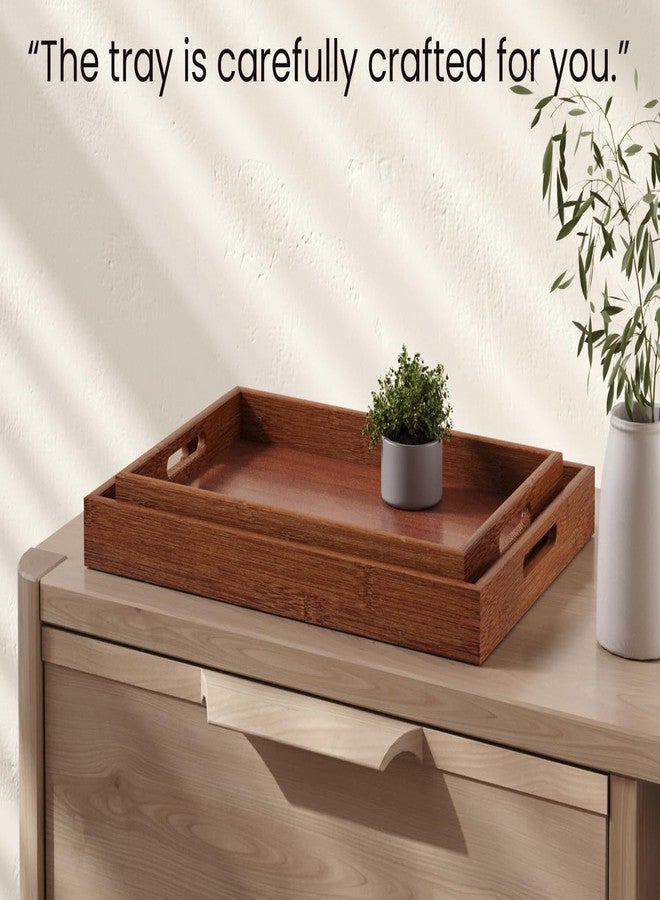Fibogollo Bamboo Set of 2 Serving Tray with Handles,Decorative Trays Platter,Breakfast Tray in Bed,Food Drinks Tray for Eating,Working,Storing(Brown) - Image 5