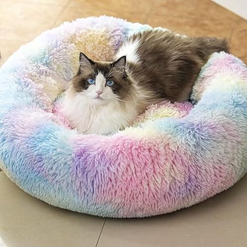 ZEXSAZONE 2-in-1 Reversible Donut Pet Bed for Cats & Puppies | Summer Cooling Two Side Use Round Cat Bed | Ultra Soft Washable Bed for Persian Cat, Shih Tzu & Small Dogs | Rainbow | Small - Image 2