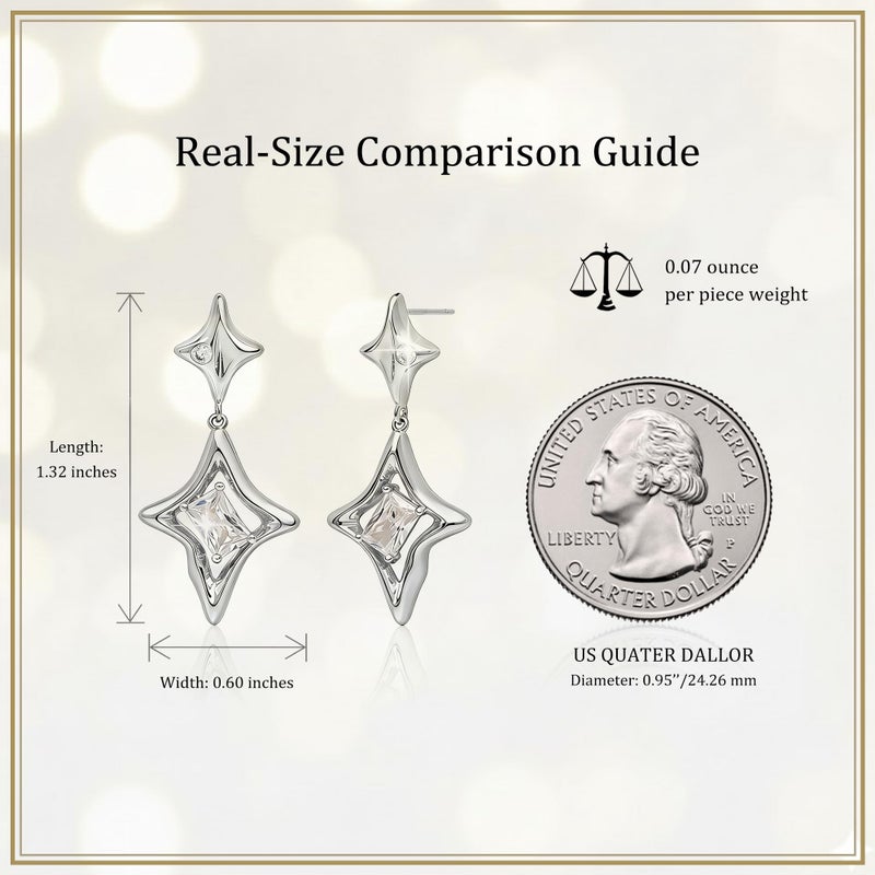 Sonateomber Silver Star Drop Dangle Earrings for Women - Trendy Unique Sparkly Rhinestone Four-point Star Dangling Hypoallergenic Stud Fashion Prom Jewelry Gift - Image 4