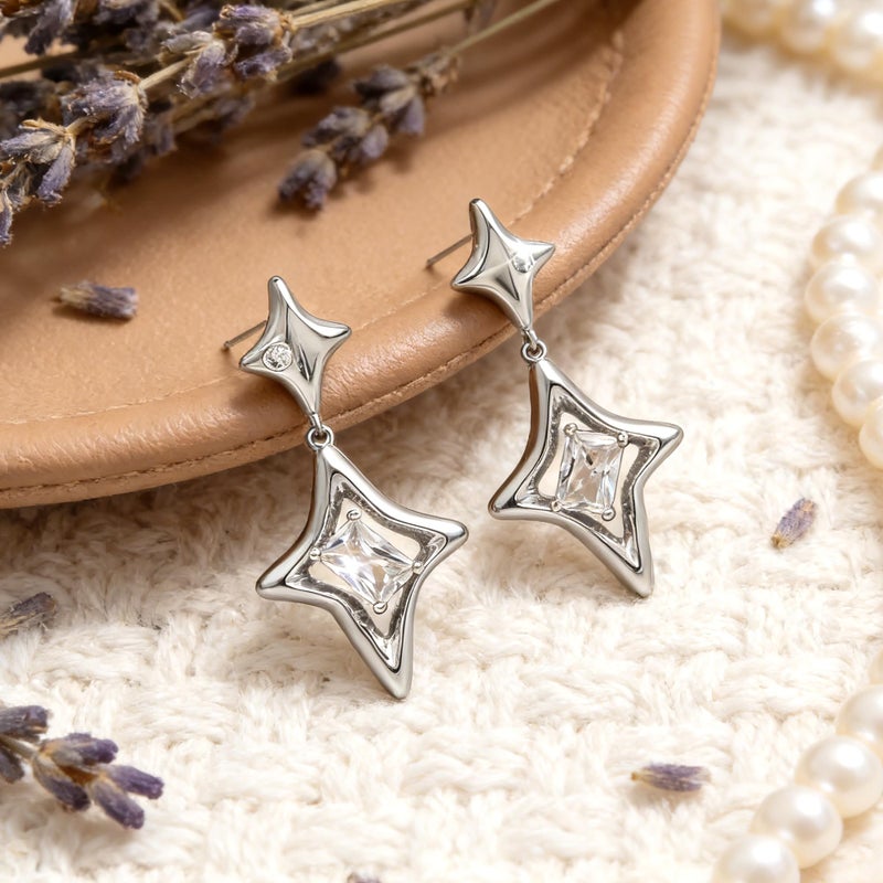 Sonateomber Silver Star Drop Dangle Earrings for Women - Trendy Unique Sparkly Rhinestone Four-point Star Dangling Hypoallergenic Stud Fashion Prom Jewelry Gift - Image 5