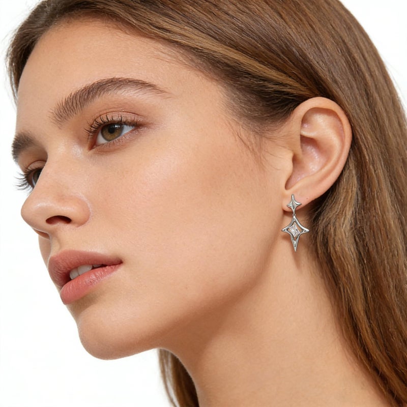 Sonateomber Silver Star Drop Dangle Earrings for Women - Trendy Unique Sparkly Rhinestone Four-point Star Dangling Hypoallergenic Stud Fashion Prom Jewelry Gift - Image 2