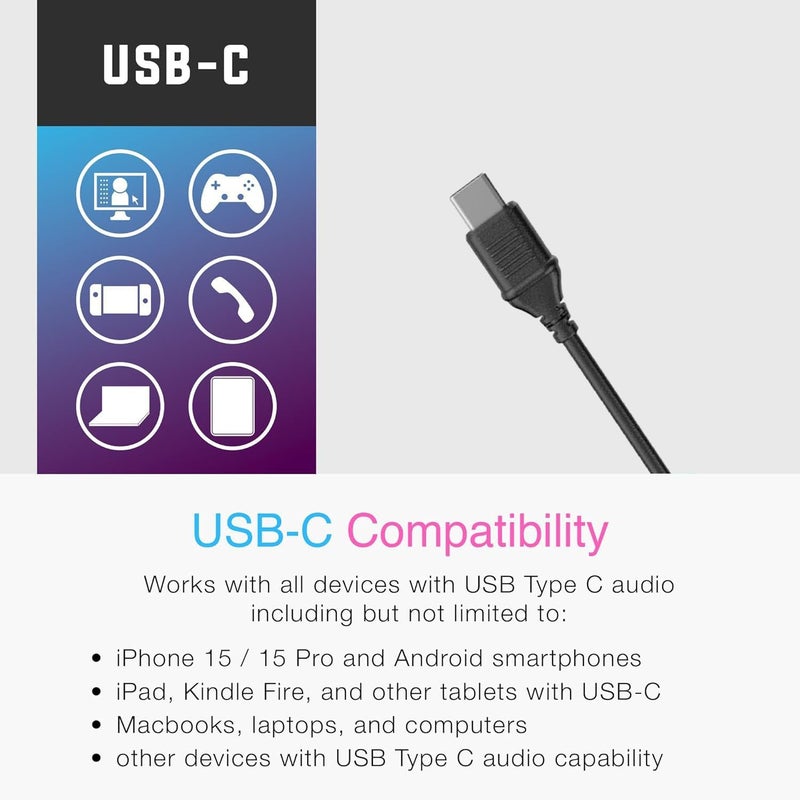 سماعات رأس للأطفال للمدرسة، سماعات رأس للأطفال من نوع USB Type C مع أضواء LED، سماعات رأس سلكية للأولاد والبنات مع محدد أمان 85dB/94dB، سماعات رأس قابلة للطي توضع على الأذن مع ميكروفونات للمدرسة/iPad، أسود - Image 2