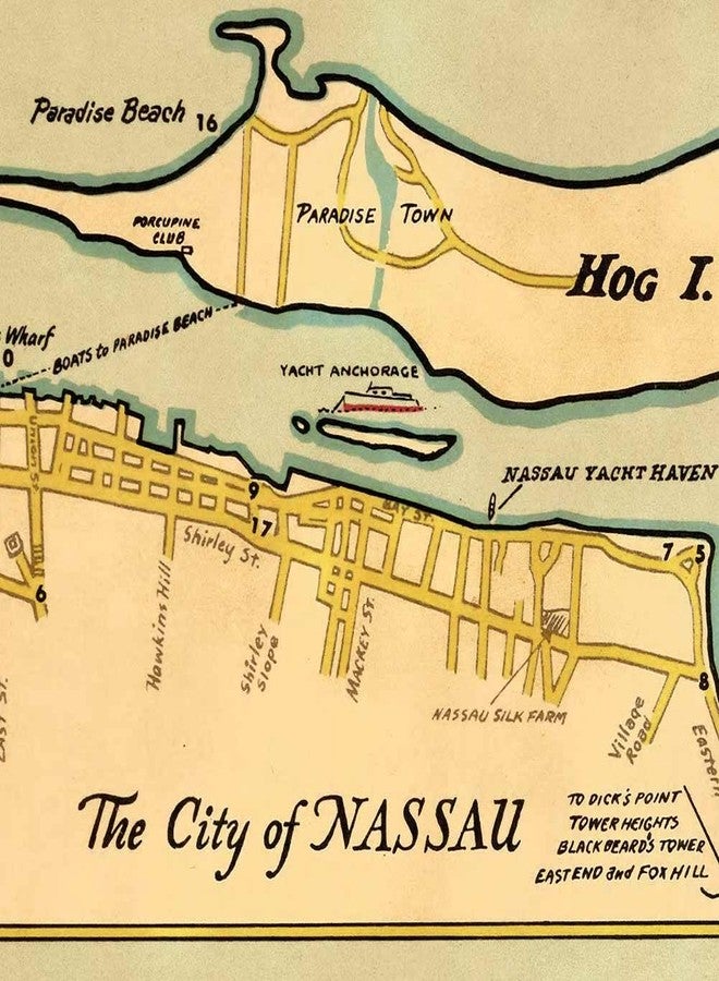 رسم توضيحي لجزر البهاما | يشمل جزيرة نيو بروفيدنس ومدينة ناساو حوالي عام 1951 | ديكور حائط عتيق | ملصق فني مطبوع | المقاس: 24 × 28 بوصة (610 × 711 مم) - Image 4