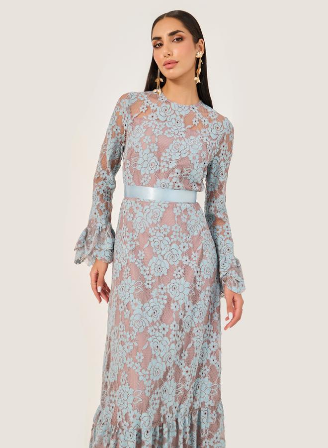 Styli All Over Lace Satin Bow Tie A-Line Maxi Dress - Image 3