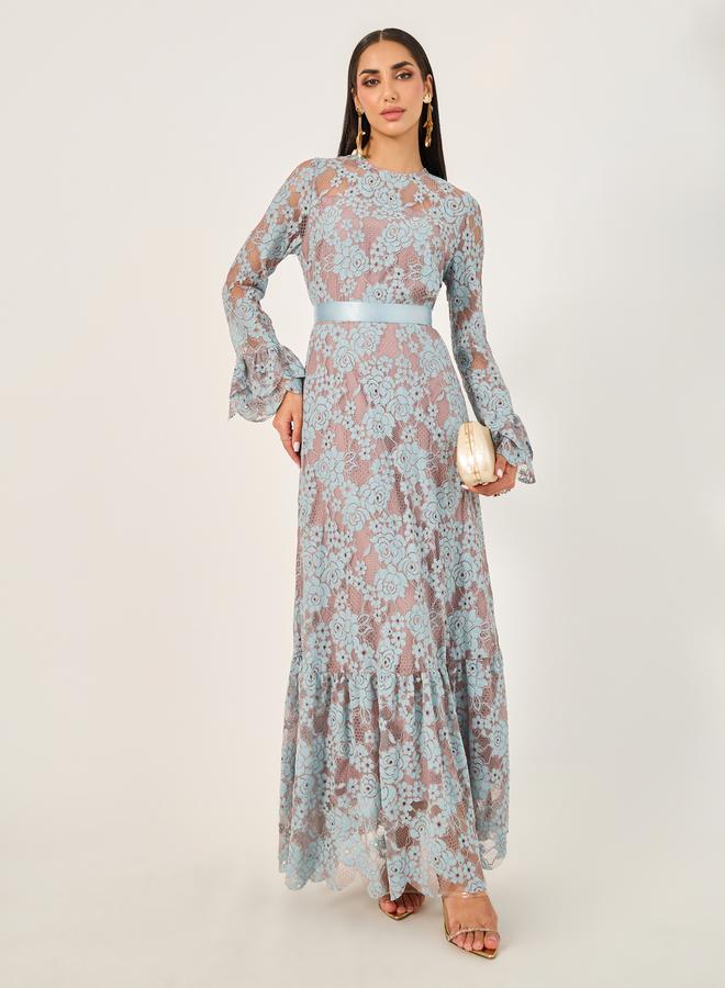 Styli All Over Lace Satin Bow Tie A-Line Maxi Dress - Image 2