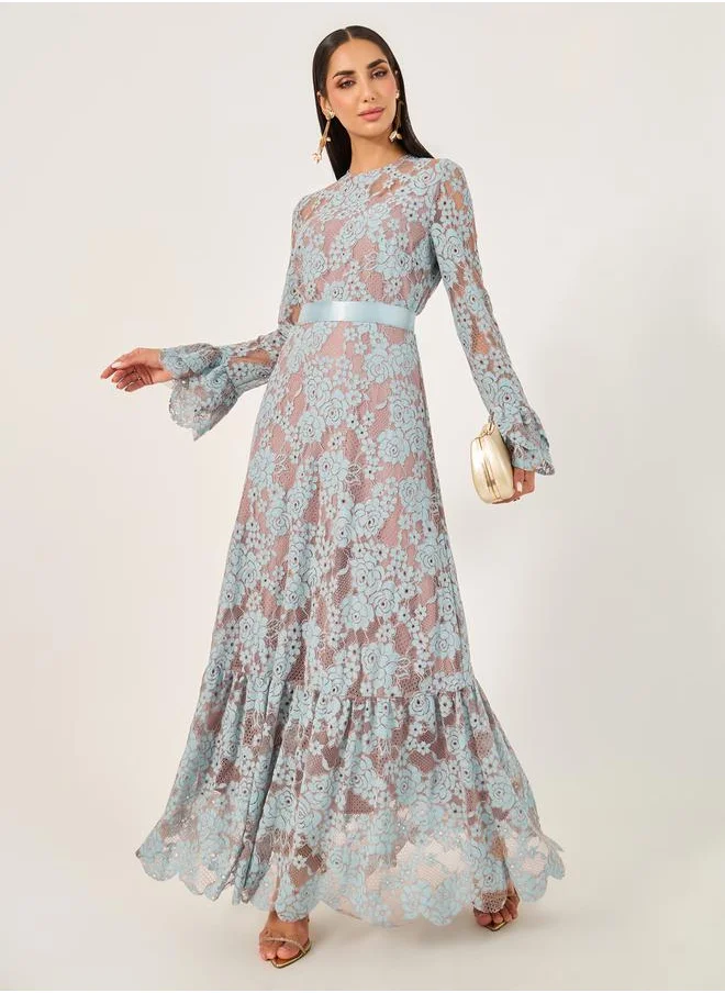 ستايلي All Over Lace Satin Bow Tie A-Line Maxi Dress