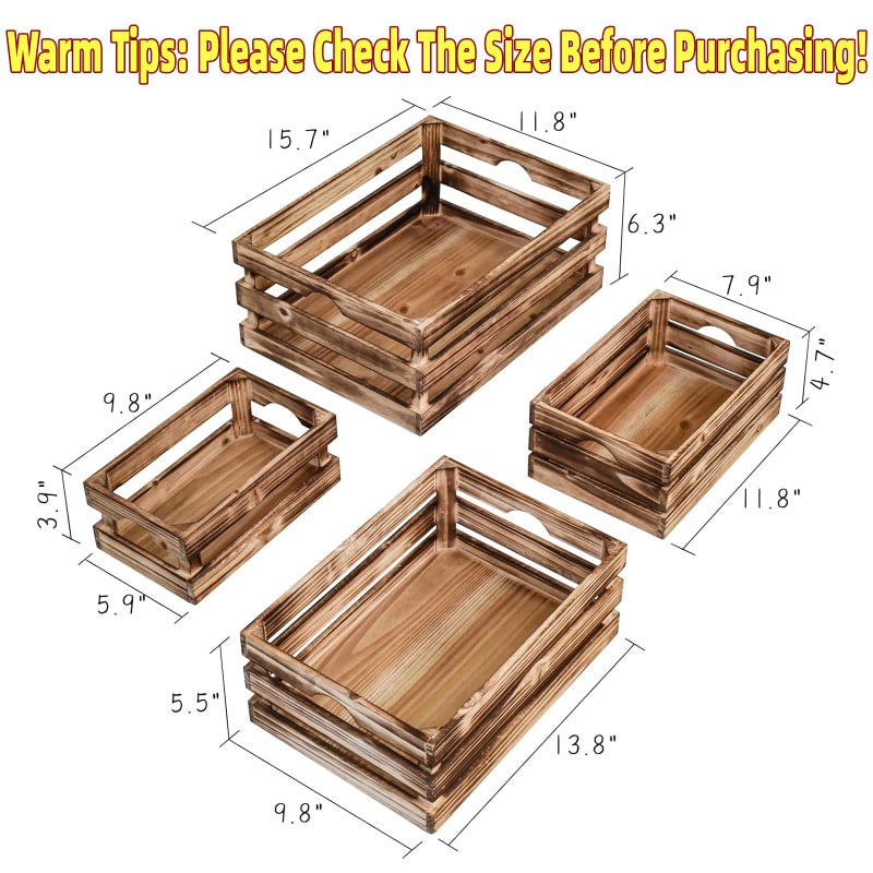 MACVAD Set of 4 Large Torched Wood Decorative Storage Crates, Nesting Wooden Crates for Display Rustic, Farmhouse Wooden Storage Container Boxes Made from 100% Wood - Image 2