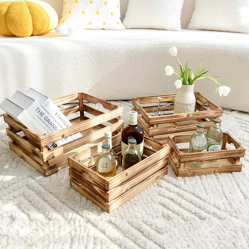 MACVAD Set of 4 Large Torched Wood Decorative Storage Crates, Nesting Wooden Crates for Display Rustic, Farmhouse Wooden Storage Container Boxes Made from 100% Wood - Image 3