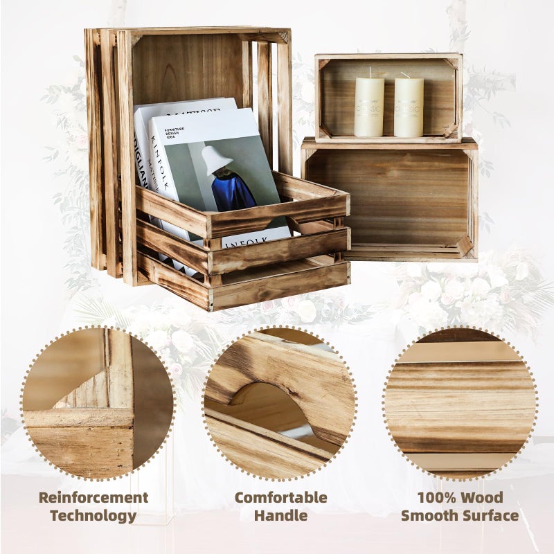 MACVAD Set of 4 Large Torched Wood Decorative Storage Crates, Nesting Wooden Crates for Display Rustic, Farmhouse Wooden Storage Container Boxes Made from 100% Wood - Image 4