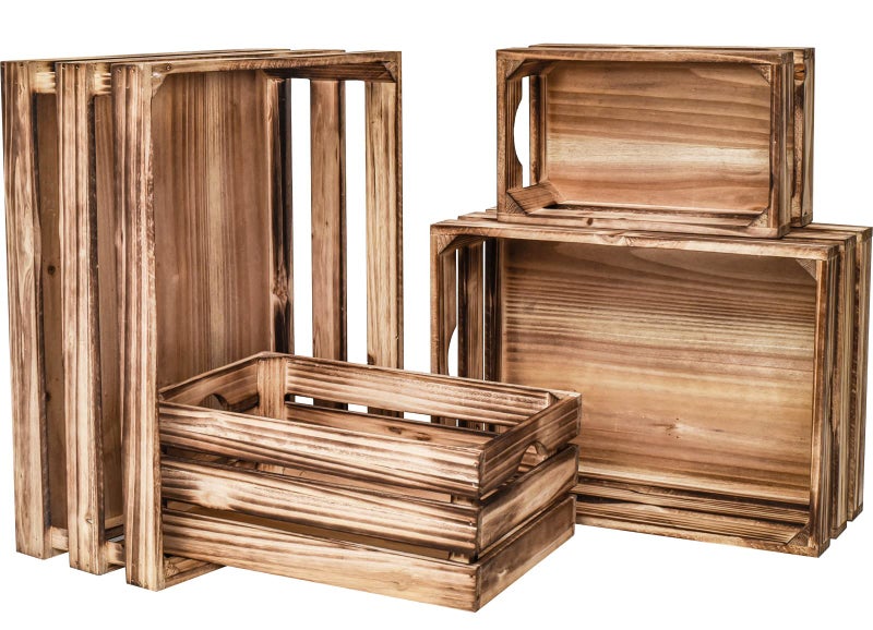 MACVAD Set of 4 Large Torched Wood Decorative Storage Crates, Nesting Wooden Crates for Display Rustic, Farmhouse Wooden Storage Container Boxes Made from 100% Wood - Image 1