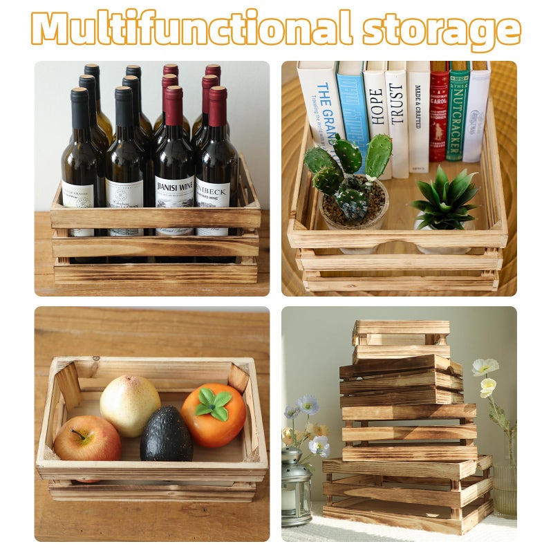 MACVAD Set of 4 Large Torched Wood Decorative Storage Crates, Nesting Wooden Crates for Display Rustic, Farmhouse Wooden Storage Container Boxes Made from 100% Wood - Image 5