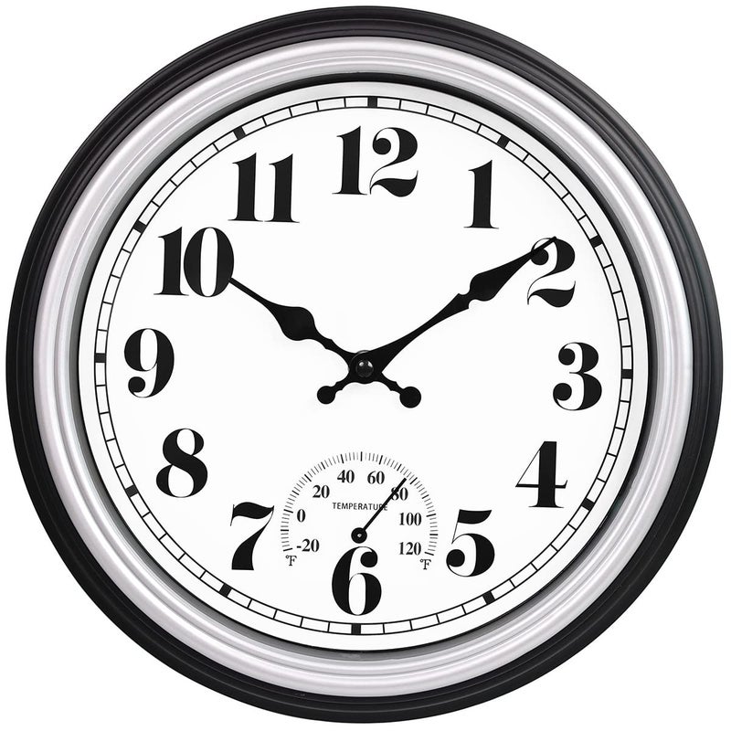 45MinST 45MinST 12 Inch IndoorOutdoor Retro Round Waterproof Wall Clock with Thermometer Silent Non Ticking Battery Operated Quality Quartz Wall Clock HomePatio DecorSilver F 