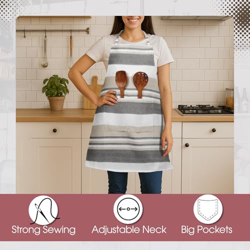 Värde 2 Pcs Unisex Cooking Aprons | Spillproof Apron | Striped Design with 2 Front Pockets & Free Size Neck Strap | Durable, Oil & Stain Resistant | Chef Apron for Cooking (Sea Pink & Grey Olive) - Image 4