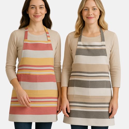 Värde 2 Pcs Unisex Cooking Aprons | Spillproof Apron | Striped Design with 2 Front Pockets & Free Size Neck Strap | Durable, Oil & Stain Resistant | Chef Apron for Cooking (Sea Pink & Grey Olive) - Image 2