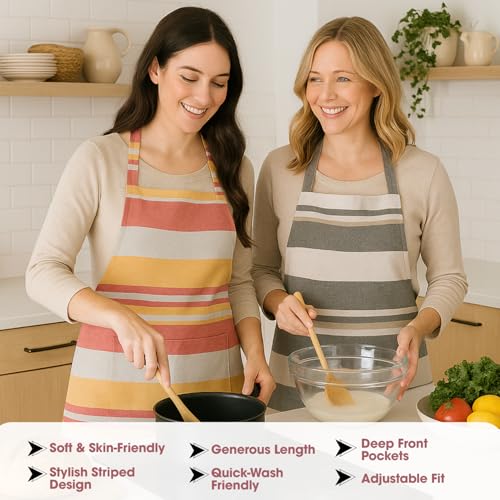 Värde 2 Pcs Unisex Cooking Aprons | Spillproof Apron | Striped Design with 2 Front Pockets & Free Size Neck Strap | Durable, Oil & Stain Resistant | Chef Apron for Cooking (Sea Pink & Grey Olive) - Image 3