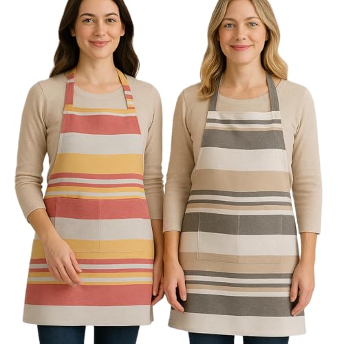 Värde 2 Pcs Unisex Cooking Aprons | Spillproof Apron | Striped Design with 2 Front Pockets & Free Size Neck Strap | Durable, Oil & Stain Resistant | Chef Apron for Cooking (Sea Pink & Grey Olive) - Image 1