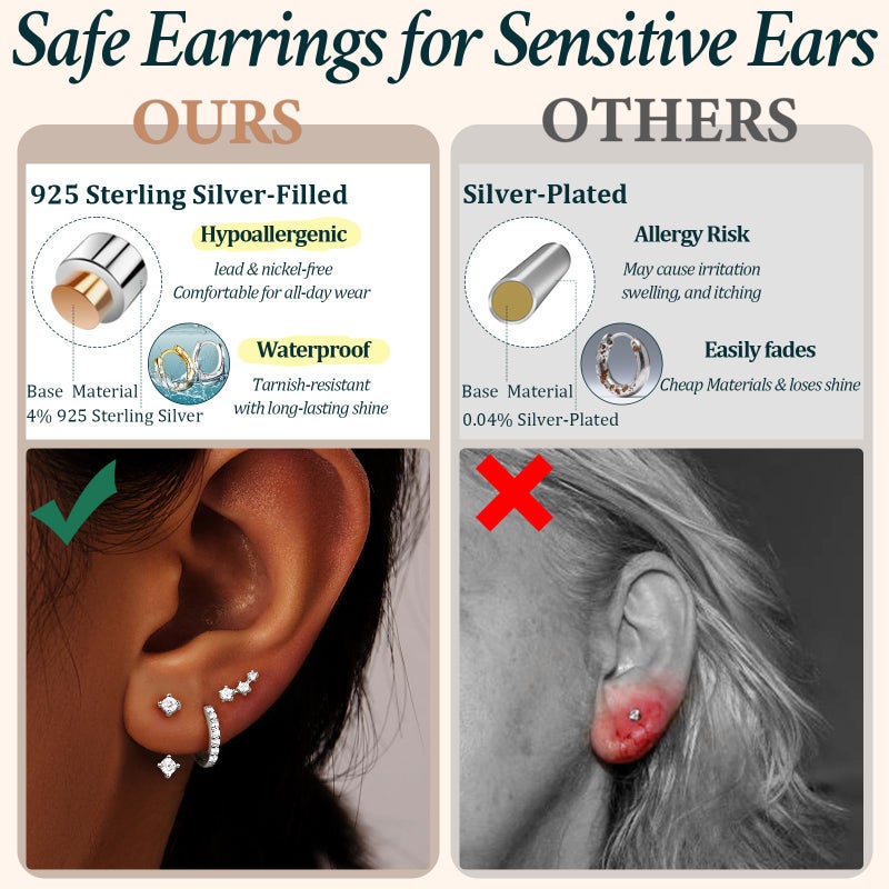 Poxtex Small Sterling Silver Huggie Hoop Earrings Set for Women, Hypoallergenic Trendy Jackets for Multiple Piercings, Dainty Cute Mini Lightweight Cartilage Climber Jewelry Gift for Sensitive Ears - Image 3