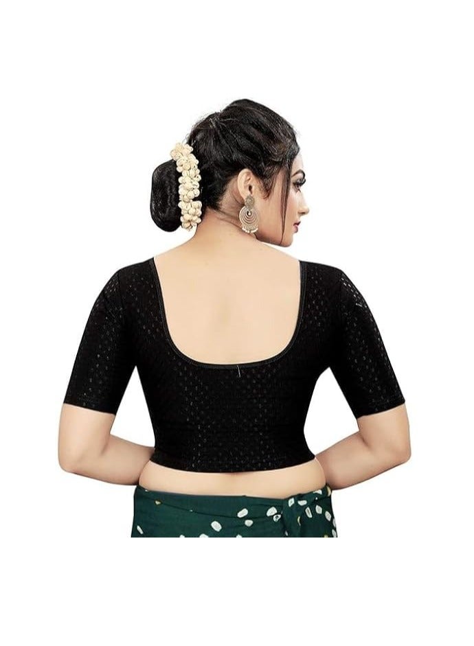 Accessorize Kingdom Round Neck Dobby Cotton Lycra Stretchable Elbow Sleeve Readymade Saree Blouse for Women Stylish - Image 2