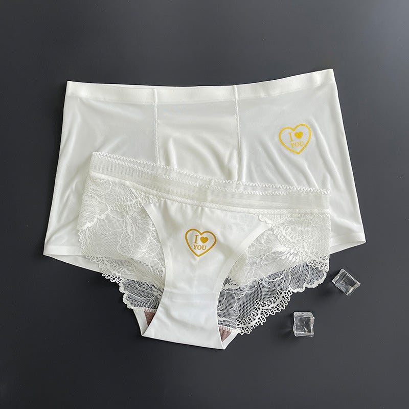 Couple'S Underwear Light Luxury Ice Silk Seamless White One Male And One Female Couple'S Lace Pure Desire Simple Love You - Image 2