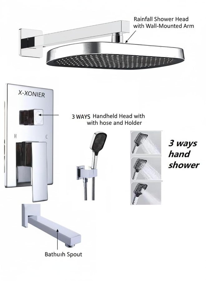X-Xonier Stainless Steel Shower Set 3 in 1 Nobe shower Panel Set with 3 ways Headheld and Tub Spout, Brass mixer, steel connecting pipe, ABS topshower and held, Silver Pack of 1 - Image 2