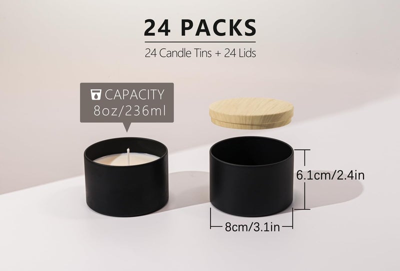 Aroparc Candle Tins 8oz with Lids, 24 Pack Seamless Candle Containers for Candle Making Supplies Empty Candle Jars - Wood Grain Lids Black Tins - Image 2