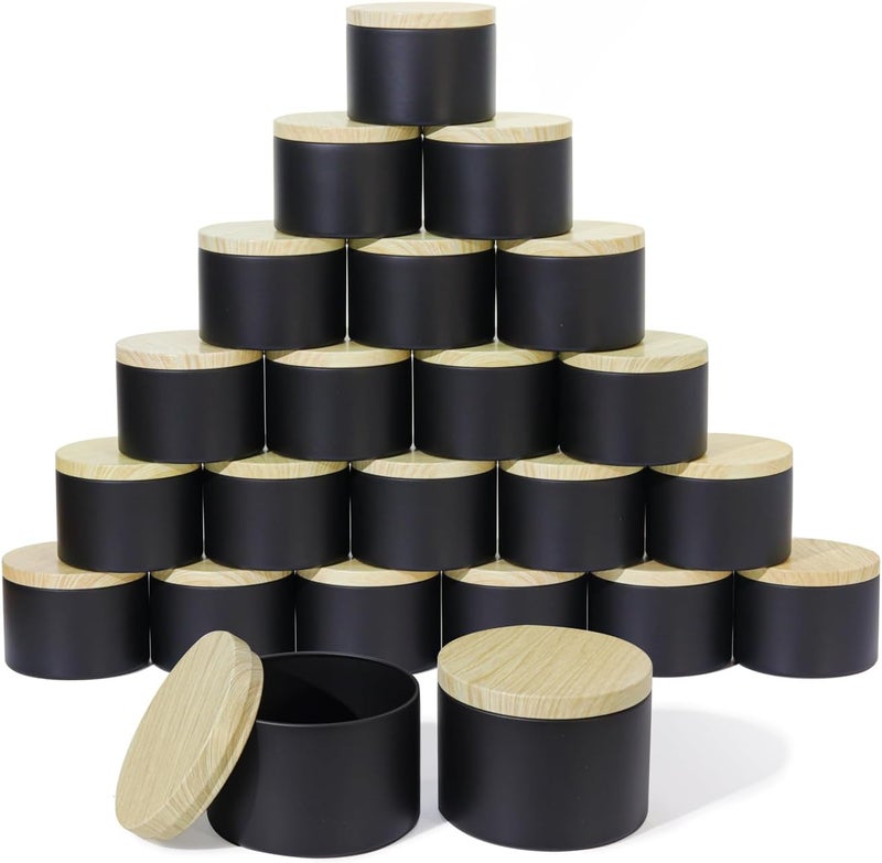 Aroparc Candle Tins 8oz with Lids, 24 Pack Seamless Candle Containers for Candle Making Supplies Empty Candle Jars - Wood Grain Lids Black Tins - Image 1