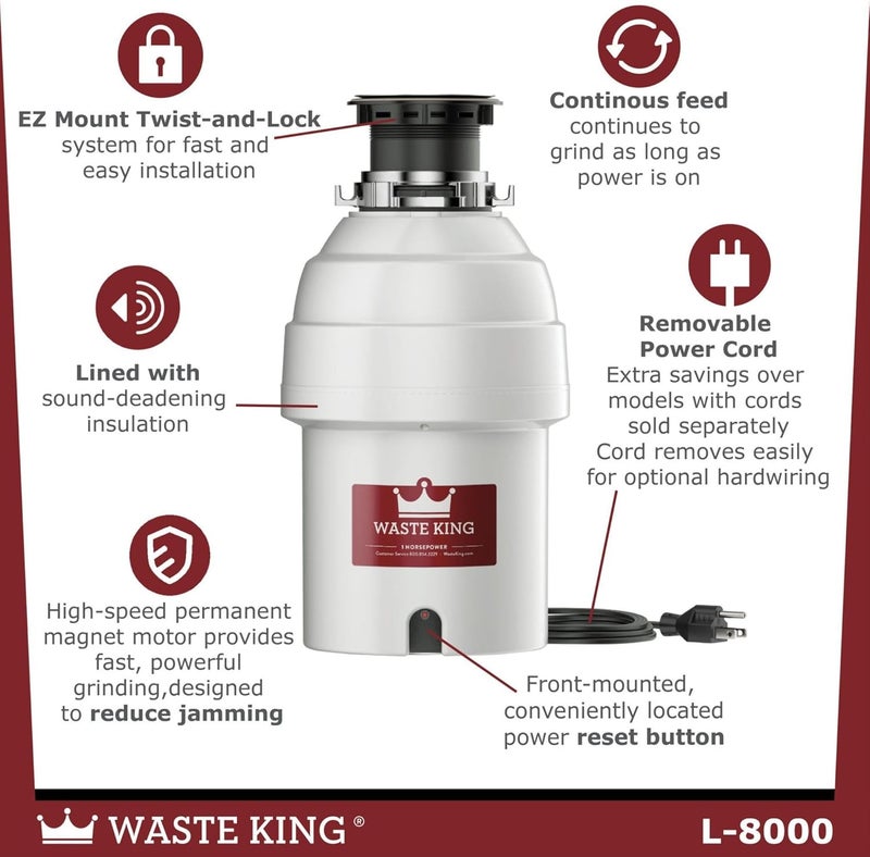 Waste King 1 HP Garbage Disposal with Power Cord, Food Waste Disposer for Kitchen Sink, L-8000 - Image 3