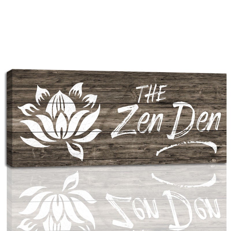 1 KINGO Farmhouse Zen Den Signs: Rustic Zen Den Yoga Studio Room Decoration Canvas Print Lotus Flower Wall Decor - Vintage Decorative Wooden Texture Wall Plaque for Home 6.5"" x 16""  - Image 1