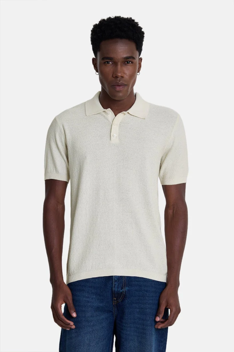 SNITCH Off-White Textured Short Sleeve Regular Fit T-Shirt