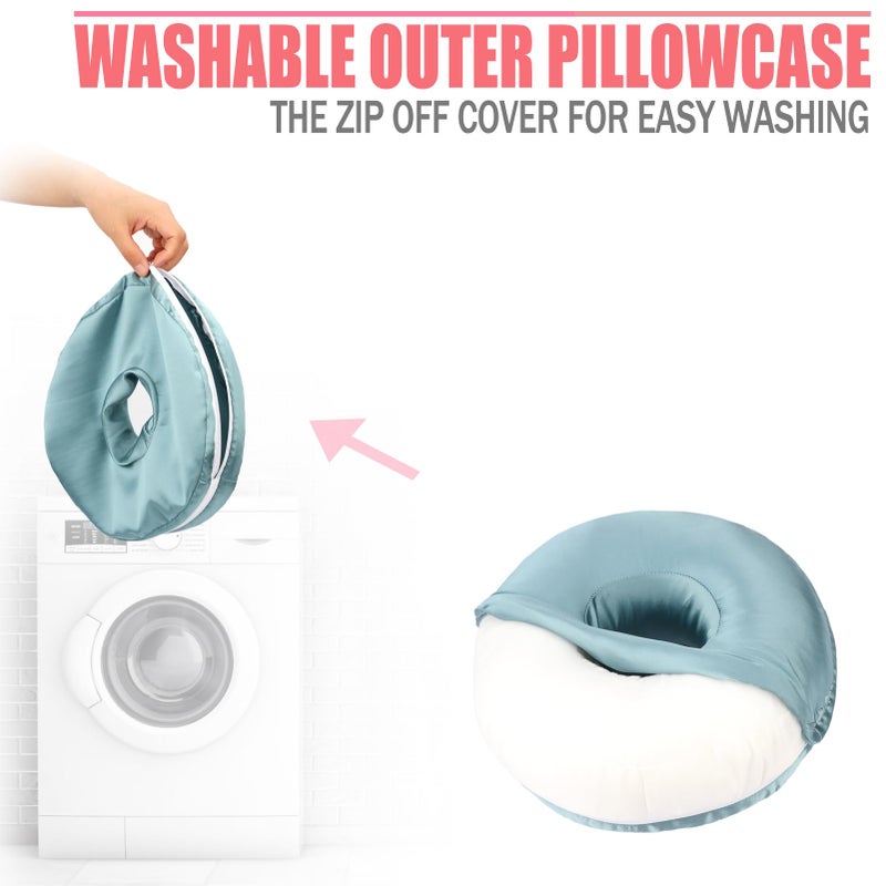 BNRendles Satin Ear Piercing Pillow Removable Cover Luxury Cnh Pillow with Ear Holes for Ear Pain Side Sleepers Washable Large Donut Pillows Head Neck Support Turquoise - Image 3