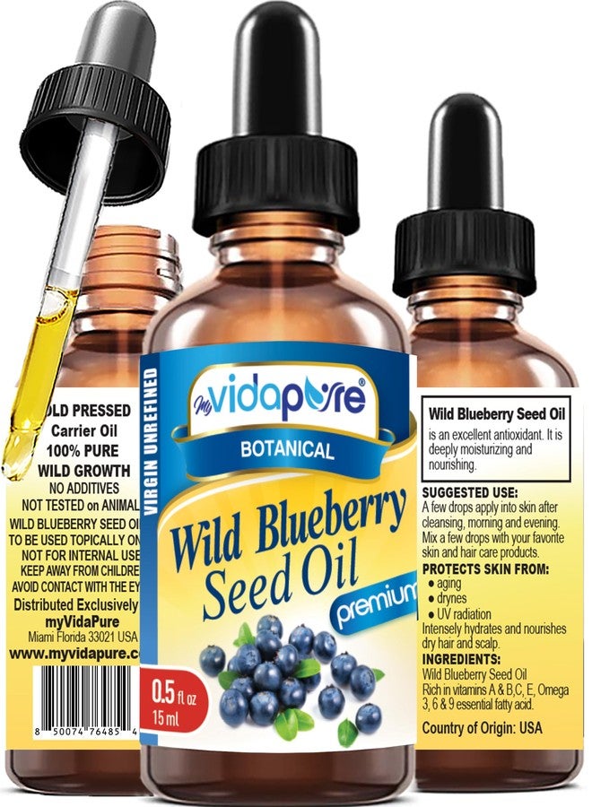 MYVIDAPURE WILD BLUEBERRY SEED OIL 100% Pure Unrefined Virgin Cold Pressed. Moisturizer for Face, Skin, Hair, Nails, Scars, Anti Aging 0.5 Fl.oz.- 15 ml. - Image 1