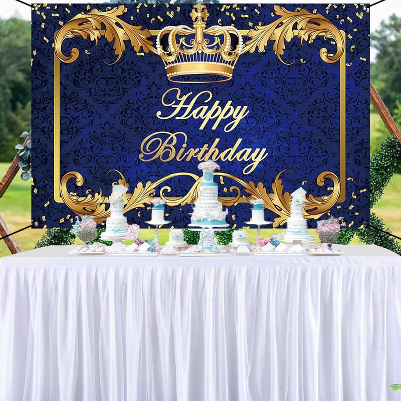 Renaiss 6x36ft Happy Birthday Banner Royal Blue Prince Birthday Party Decoration Gold Crown King Theme Birthday Party Supplies Royal Blue and Gold Boys Man Birthday Yard Sign Photography Background - Image 4