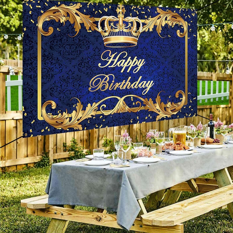Renaiss 6x36ft Happy Birthday Banner Royal Blue Prince Birthday Party Decoration Gold Crown King Theme Birthday Party Supplies Royal Blue and Gold Boys Man Birthday Yard Sign Photography Background - Image 2