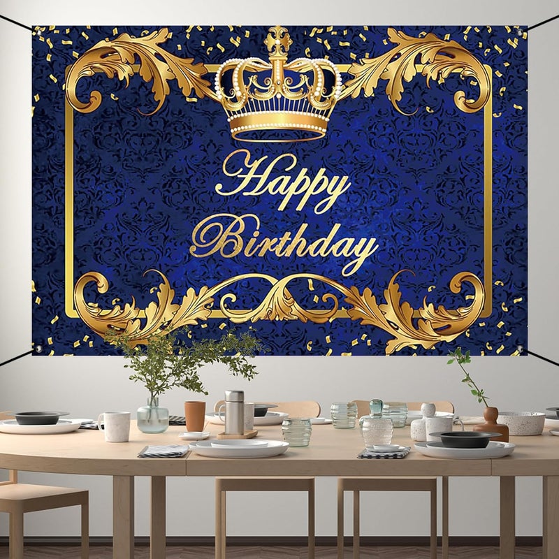 Renaiss 6x36ft Happy Birthday Banner Royal Blue Prince Birthday Party Decoration Gold Crown King Theme Birthday Party Supplies Royal Blue and Gold Boys Man Birthday Yard Sign Photography Background - Image 3