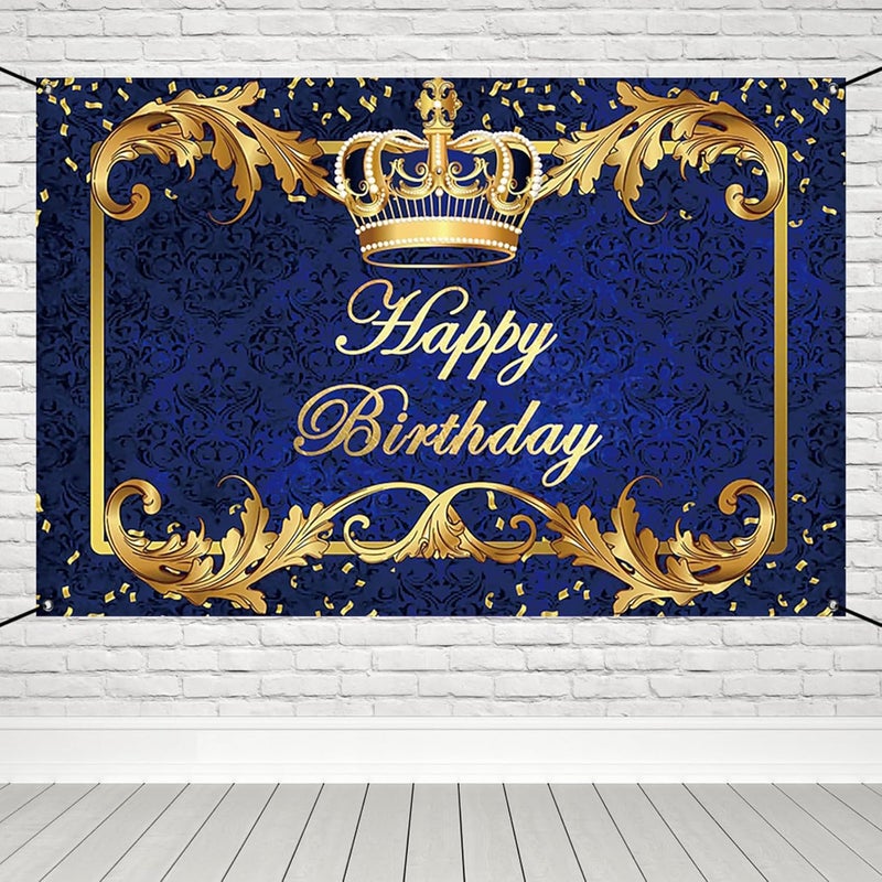Renaiss 6x36ft Happy Birthday Banner Royal Blue Prince Birthday Party Decoration Gold Crown King Theme Birthday Party Supplies Royal Blue and Gold Boys Man Birthday Yard Sign Photography Background - Image 1