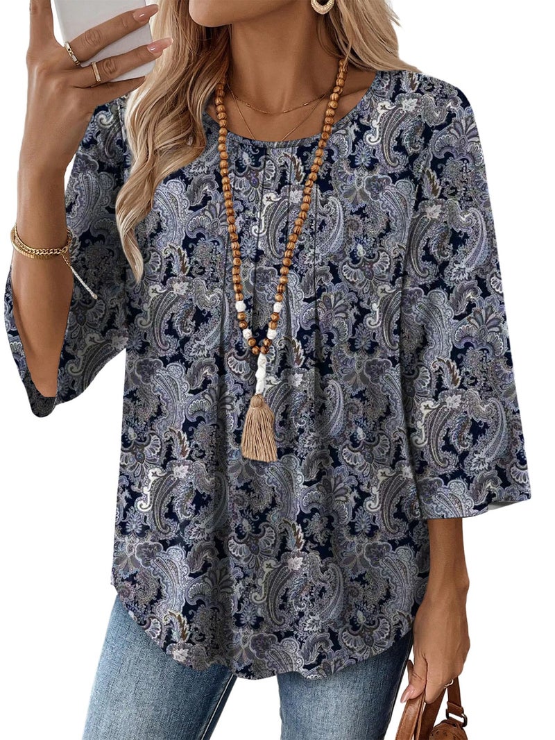 OFEEFAN Womens Tops Spring Outfits Beach Vacation Hawaiian Shirts 3/4 Length Sleeve Blouses Fashion Clothing Boho Clothes B-Blue Figure XL - Image 1