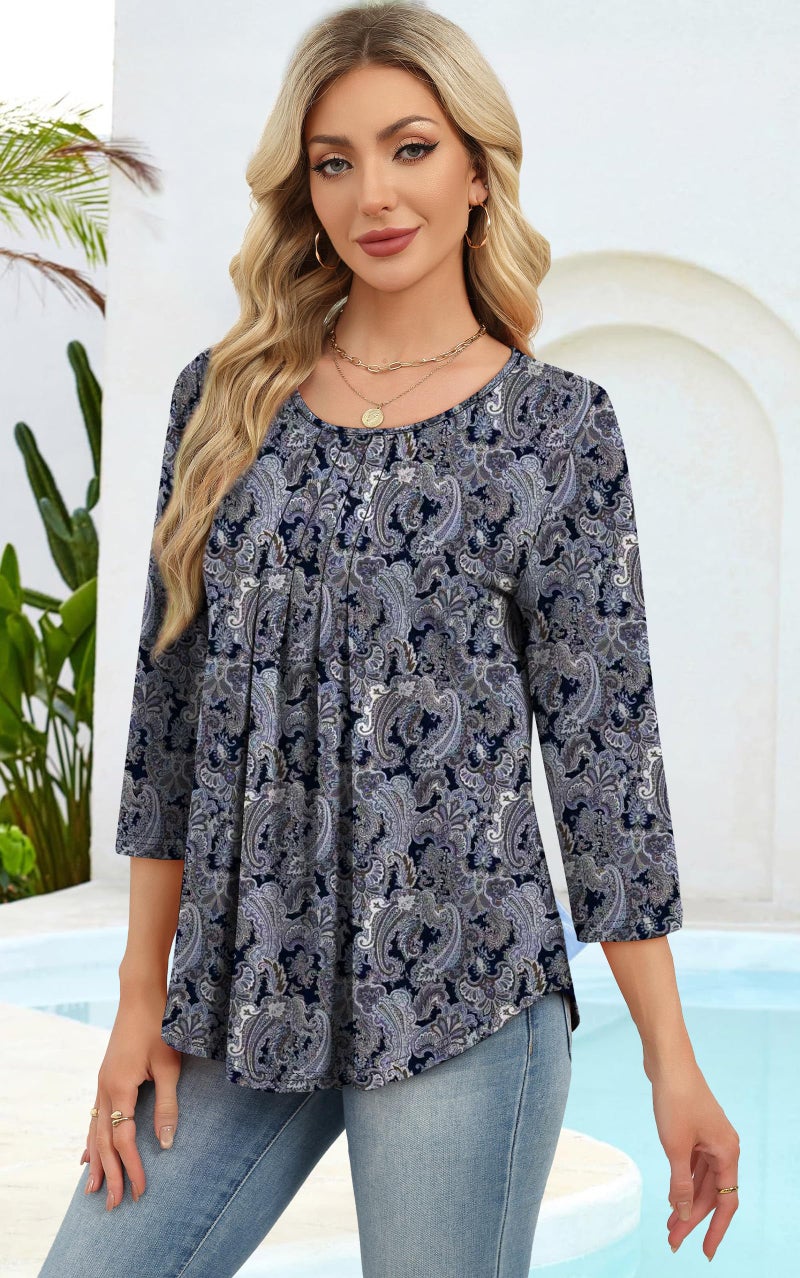 OFEEFAN Womens Tops Spring Outfits Beach Vacation Hawaiian Shirts 3/4 Length Sleeve Blouses Fashion Clothing Boho Clothes B-Blue Figure XL - Image 3