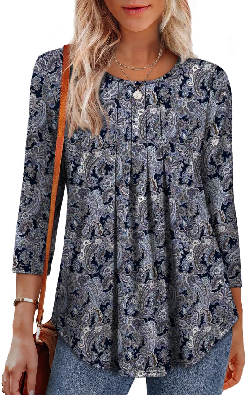 OFEEFAN Womens Tops Spring Outfits Beach Vacation Hawaiian Shirts 3/4 Length Sleeve Blouses Fashion Clothing Boho Clothes B-Blue Figure XL - Image 4