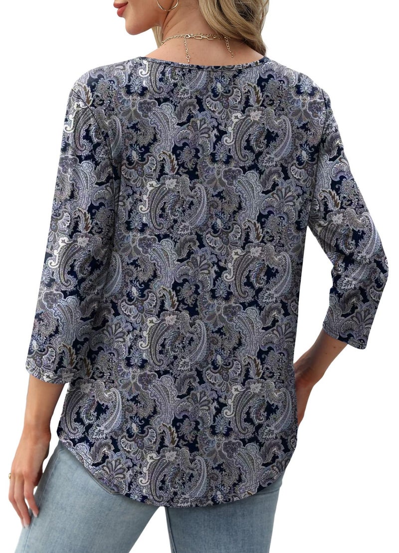 OFEEFAN Womens Tops Spring Outfits Beach Vacation Hawaiian Shirts 3/4 Length Sleeve Blouses Fashion Clothing Boho Clothes B-Blue Figure XL - Image 5