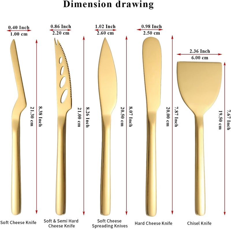 Berglander Gold Cheese Knife Set of 5 for All Types of Cheese, Golden Titanium Plating Cheese Cutter Slicer Ergonomic Design for Confortable Grip and Cut, Butter Spreader Knife - Image 2